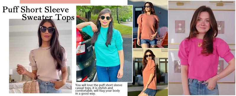 Imily Bela Women's Puff Short Sleeve Sweater Tops 2025 Spring Summer Trendy Crew/Square/V Neck Casual T Shirts Blouses