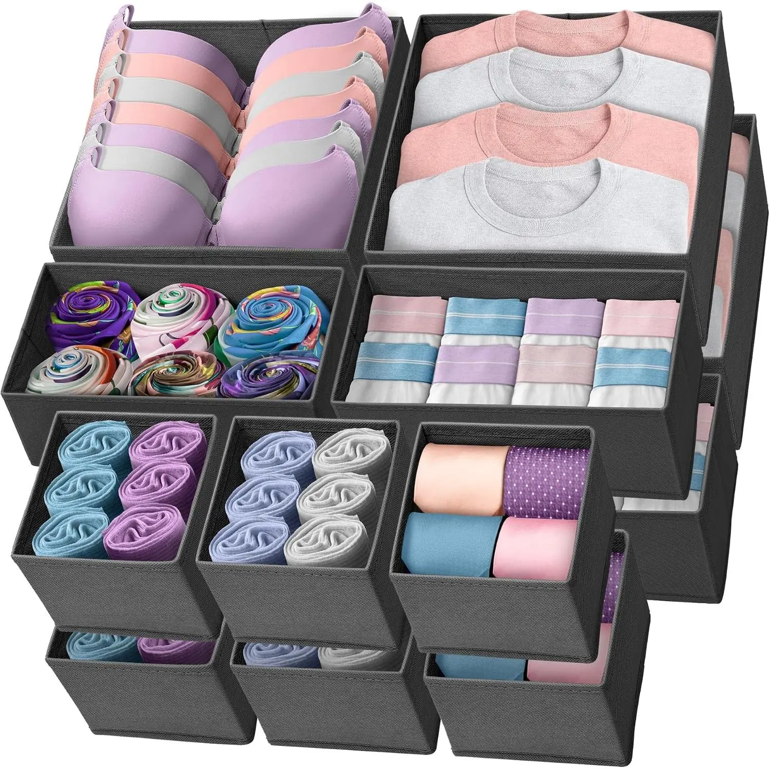 Drawer Organizers (14 Pack) | Storage Dividers, Dresser Dividers & Organization Bins for Clothes,   | Foldable Fabric Drawer Containers for Bras, Socks, Underwear (Gray)