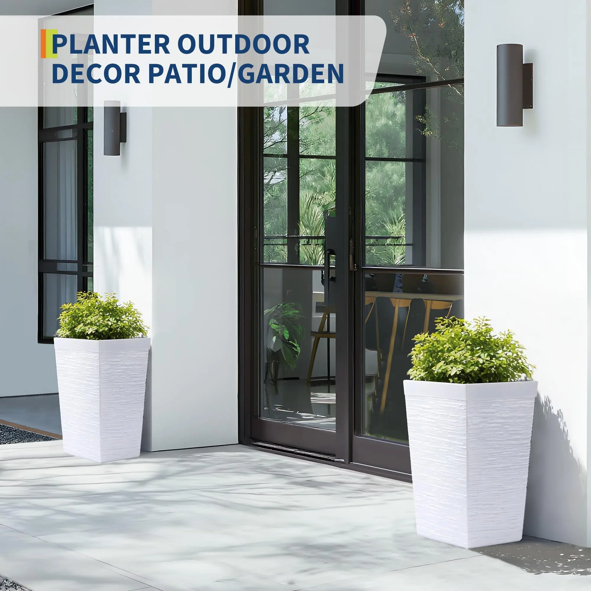 Self-Watering Tall Planters Set of 2 - 16" Large Square Plastic Flower Pots with Water Level Gauge, Drainage Holes & Built-in Handles, Indoor Outdoor Patio Use, Straight Design