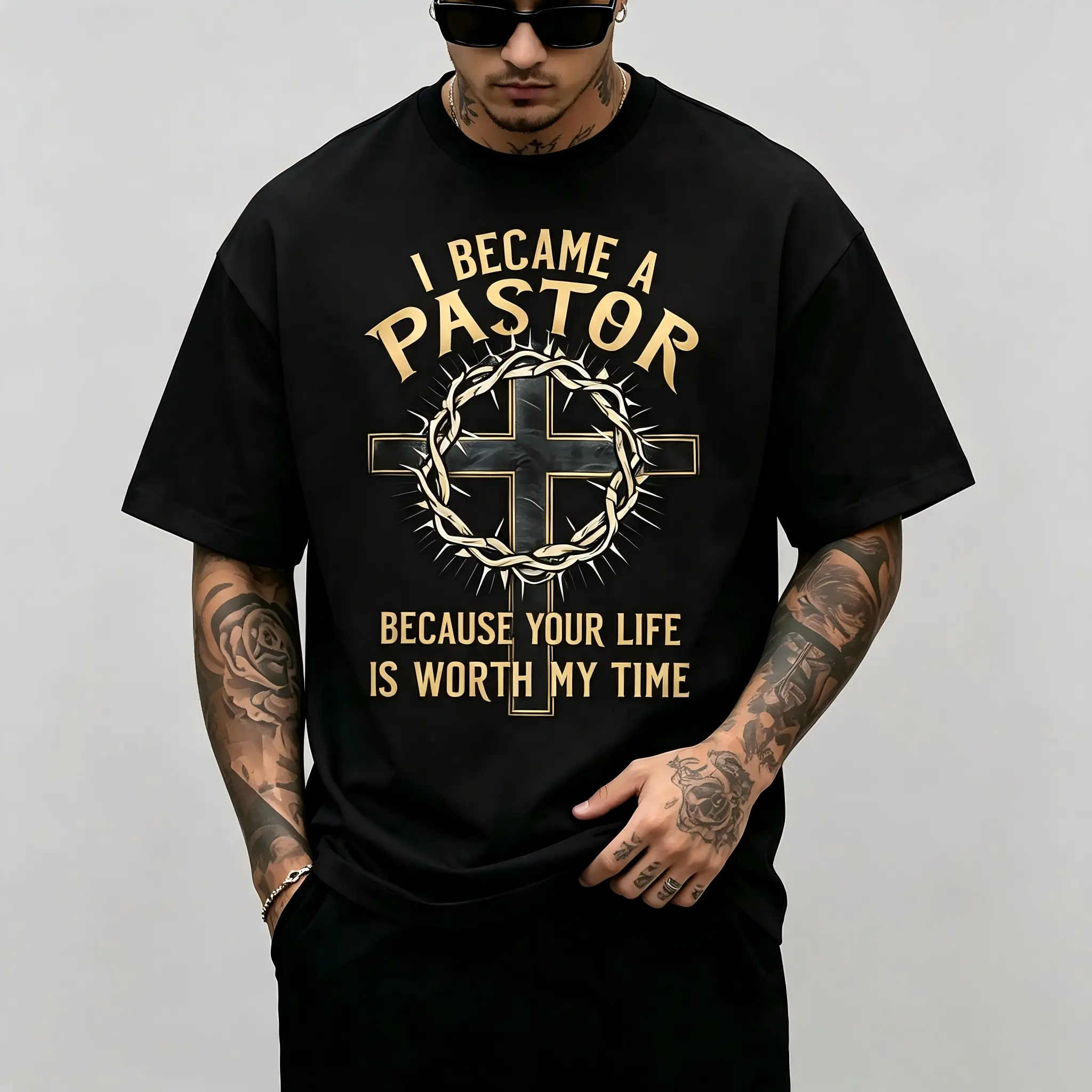 "I Became A Pastor Because Your Life Is Worth My Time" Christian Graphic T-Shirt for Men Women – Soft Stretch Cotton Crew Neck Short Sleeve, Thorny Wreath Cross Faith Tee, Regular Fit Streetwear, All Season Casual Wear, Machine Washable