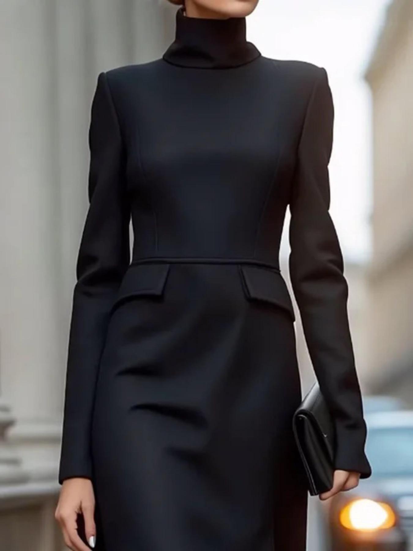 Women's Plain High Neck High Low Hem Dress, Chic Elegant Fitted Elegant Fashion Long Sleeve Dress for Daily Outdoor Wear, Women's Dress for Spring Fall, Elegant Fitted Dresses