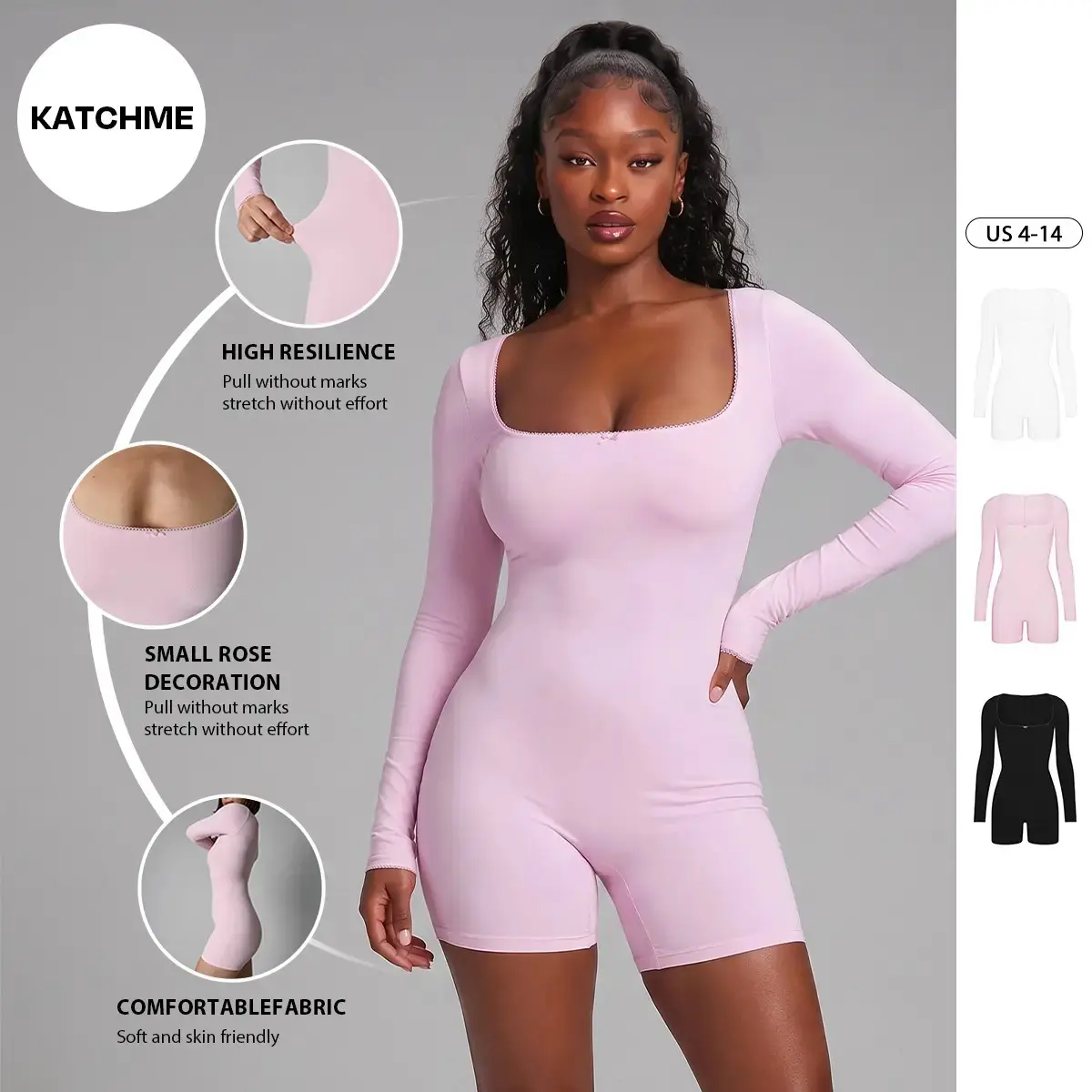 Women's Workout Solid Color Lace Square Neck Long Sleeve Seamless Playsuit, Athletic Lightweight Stretch Shapewear, Breathable Womenswear