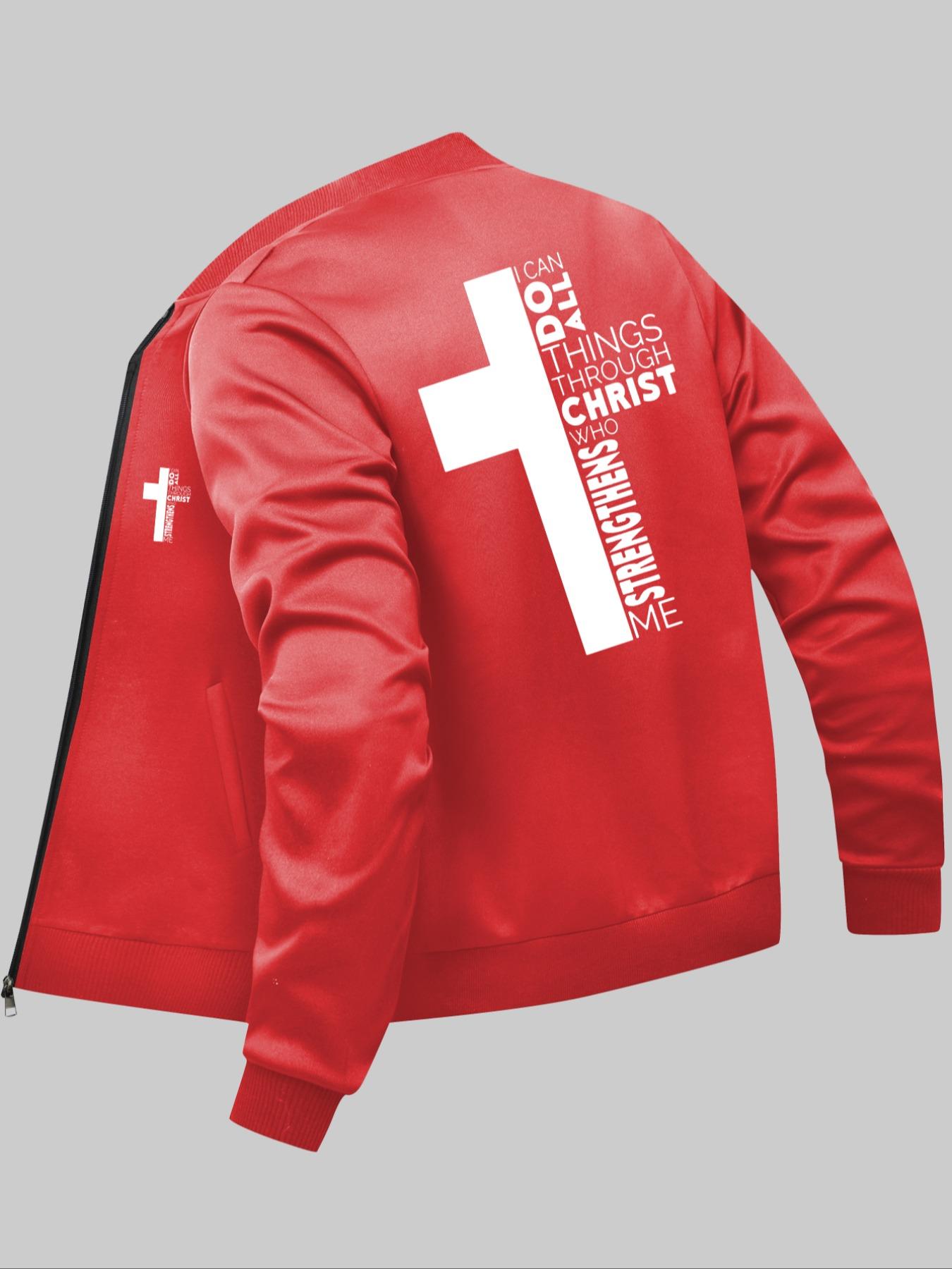 Men's Letter & Cross Print Zip Up Baseball Collar Jacket, Regular Fit Casual Long Sleeve Pocket Outerwear for Daily Wear, Men's Clothes for All Seasons