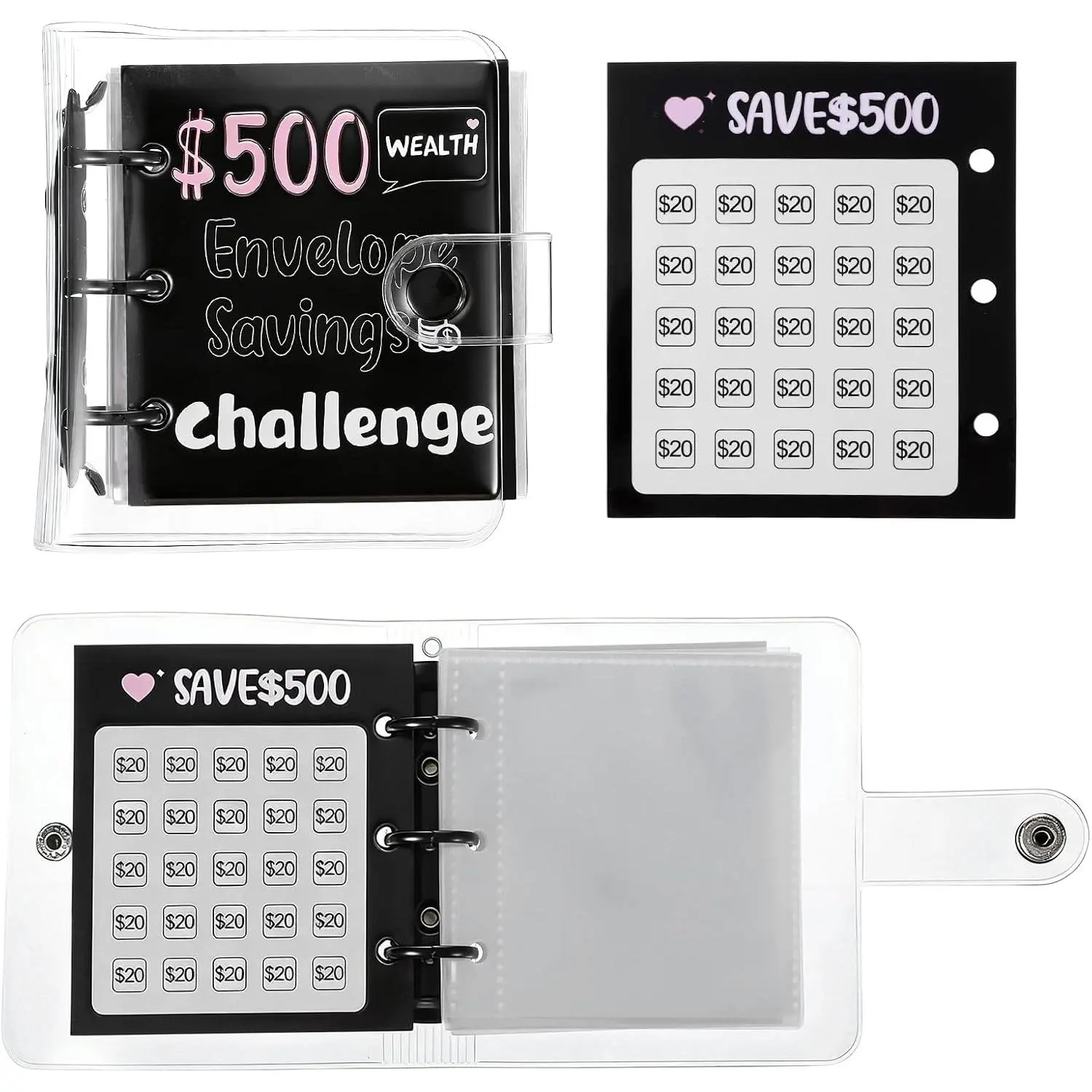 Mini  Saving Binder, 500  Saving  Book Black Budget Binder with 25 Envelopes for  Saving Office  Class Prize Exchange  (Saving 500)