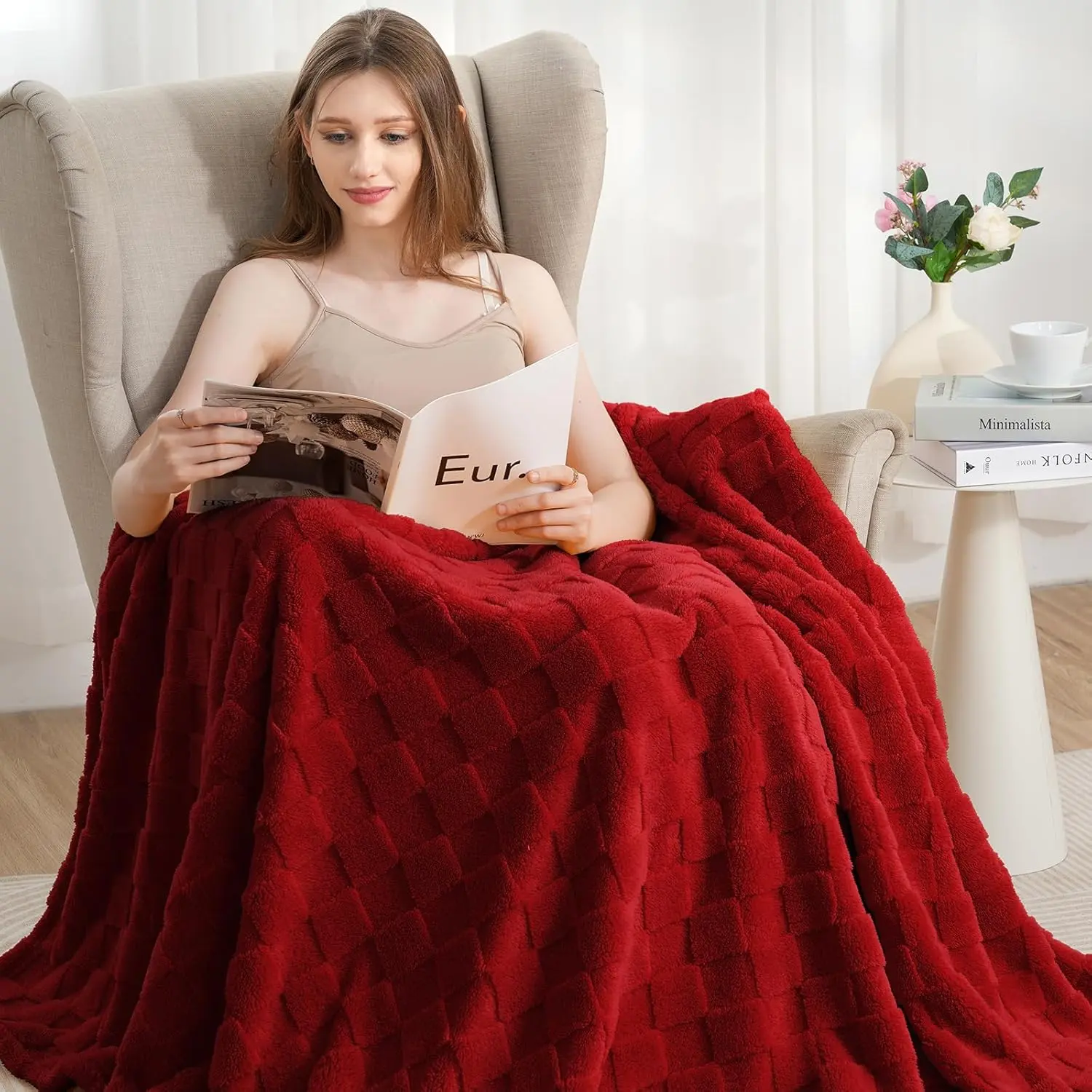 Super Soft Throws for Couch Fleece Throw Blanket Lightweight Decorative Fuzzy Cozy Blankets for Sofa Chair Bed (B-Red, (60"x80"))