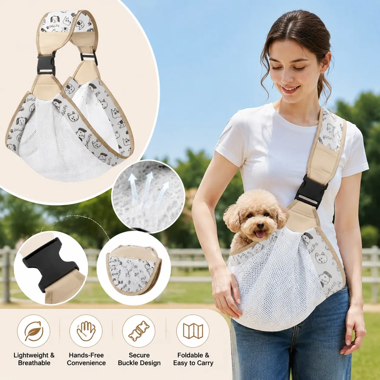 Crossbody Carrier Bag for Dogs & Cats - Lightweight Breathable Hands-Free Harness with Portable Pocket & Foldable Design, Suitable for Pomeranian, Poodle, Teddy, Boba Cats - Travel, Vet Visits, Outdoor Animal Carrier for Small Pets