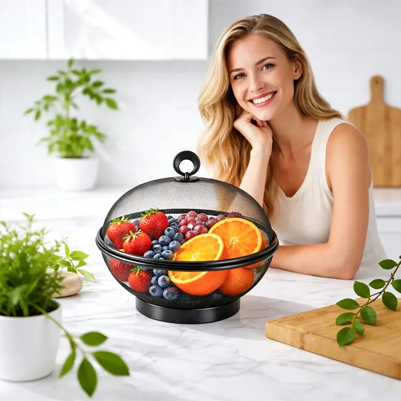 1 Pc Summer Mesh Fruit Basket with Lid Fruit Cover Protective Countertop Wire Bowl Metal Vegetable Strainer Food Colander Kitchenware Draining Kitchen Accessories for Kitchen Food Vegetable(1 Fruit Baskets+1 Lids)
