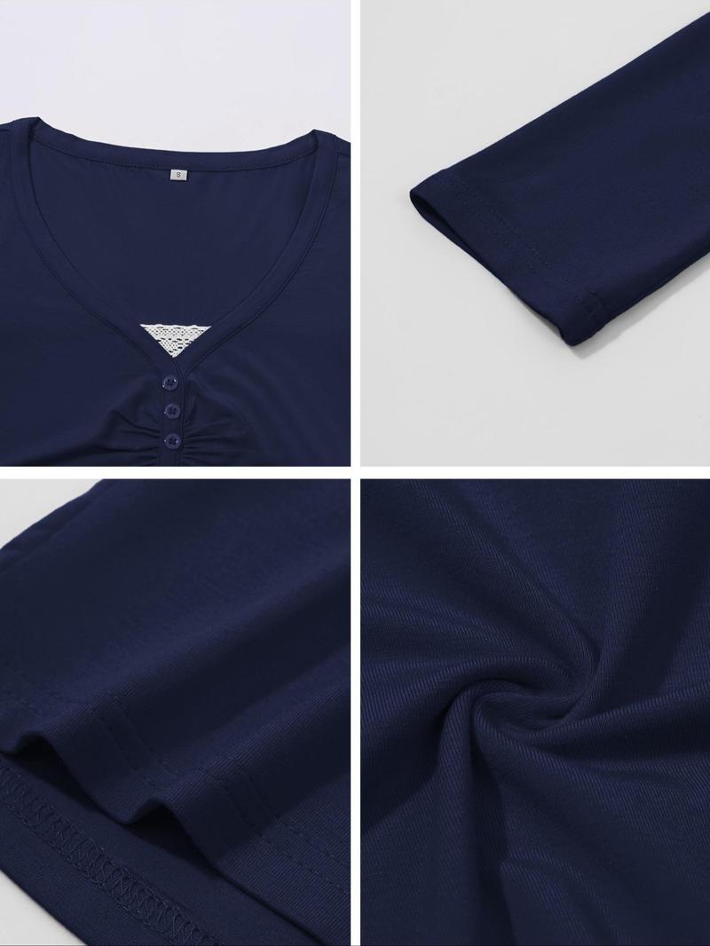Comfortable Casual Lace Patchwork Button Front Ruched Fitted Long Sleeve T-Shirt, Y2K Style, Spring & Fall, Plain Pattern