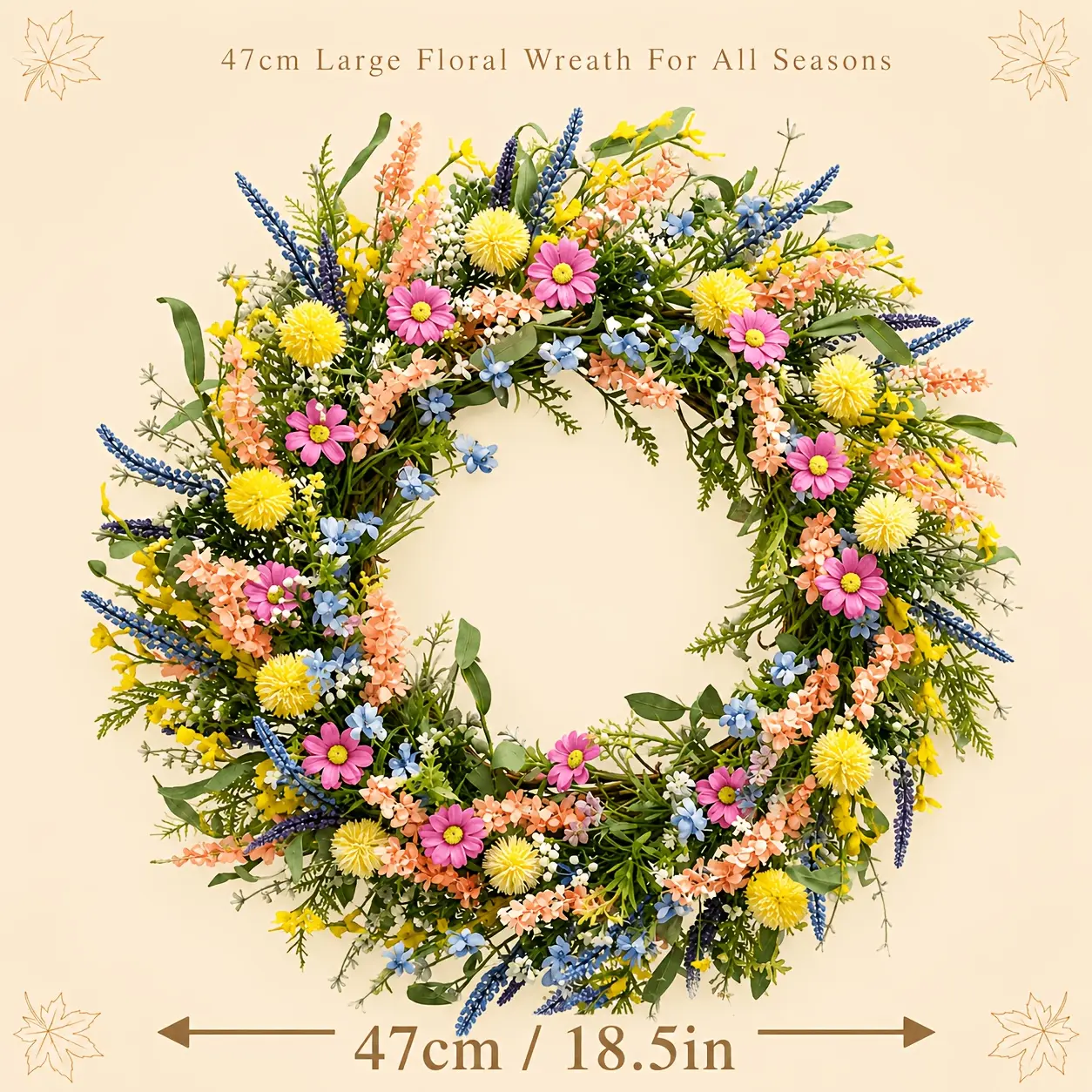 Colorful Wild Flower Wreath for Front Door, Forsythia & Lavender Floral Wreath with Green Leaves, Spring Summer Home Everyday Decor