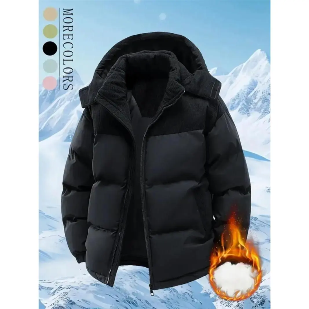 Men's Winter Hooded Jacket - Detachable hood, contrasting color design, warm wool lining, zip closure, casual style, suitable for cold weather, winter coat, couple's style, windproof, machine washable, men's outdoor thickened jacket.