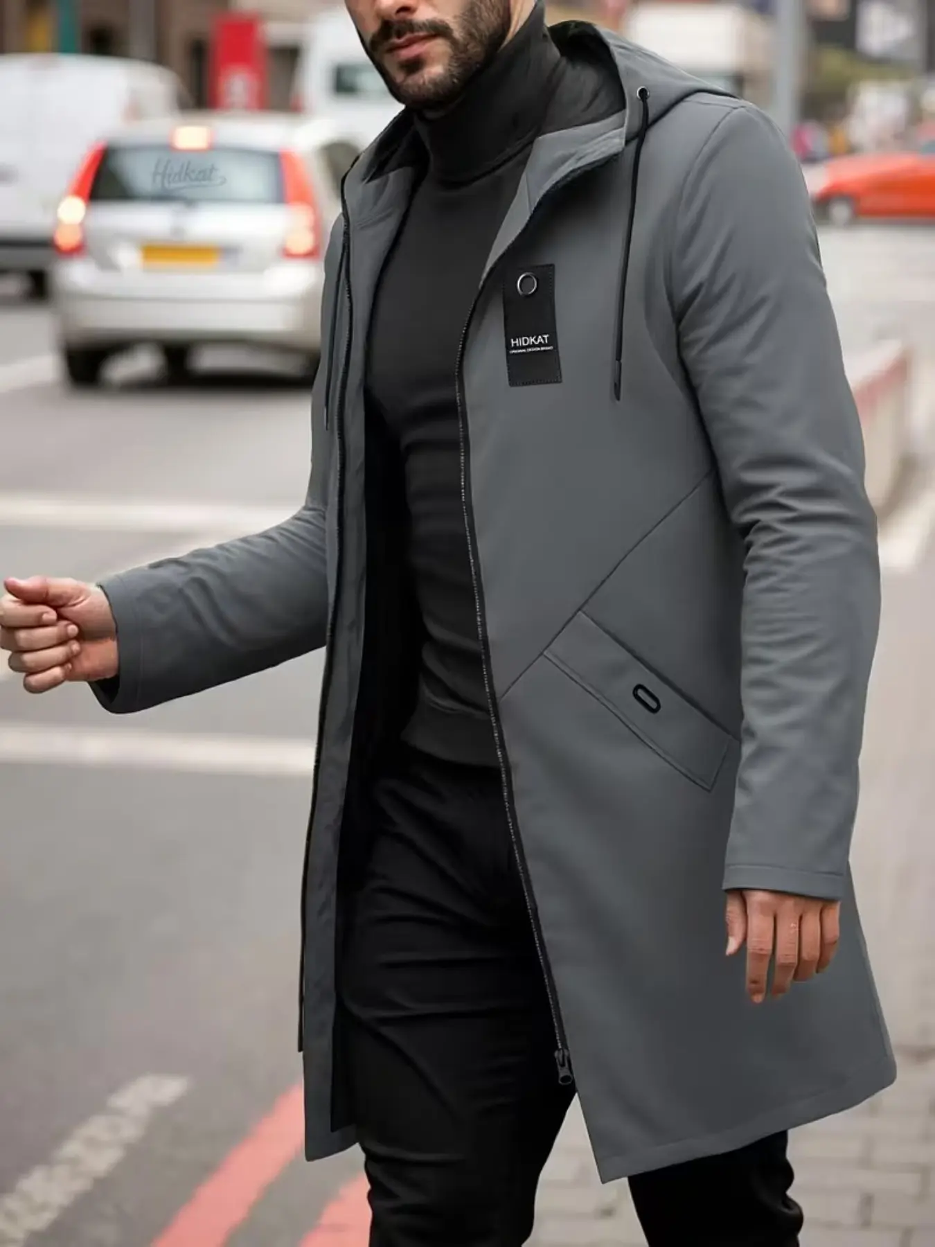 Men's Mid-Length Fashion Casual Slim Fit Solid Jacket, Coats, Hooded with Drawstring, Plain Color, Suitable for Spring and Autumn Daily Wear