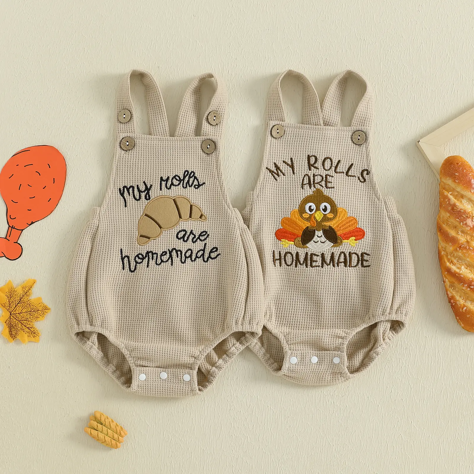 Infant Baby Boy Girl Thanksgiving Romper Turkey Embroidery Sleeveless Waffled Overall Jumpsuit Fall 0-18 Months