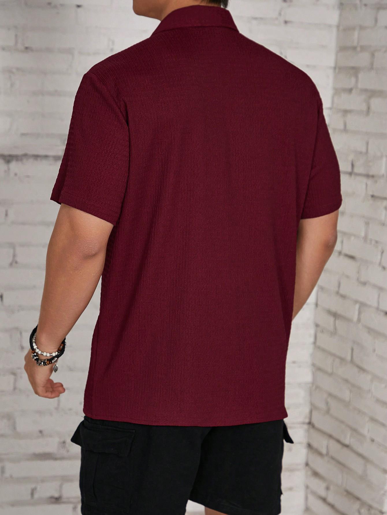 Men's Textured Button Front Shirt, Casual Regular Fit Short Sleeve Collared Top for Summer, Summer Leisure Top 2026, National Day Clothing, Men's Clothes for Daily Wear