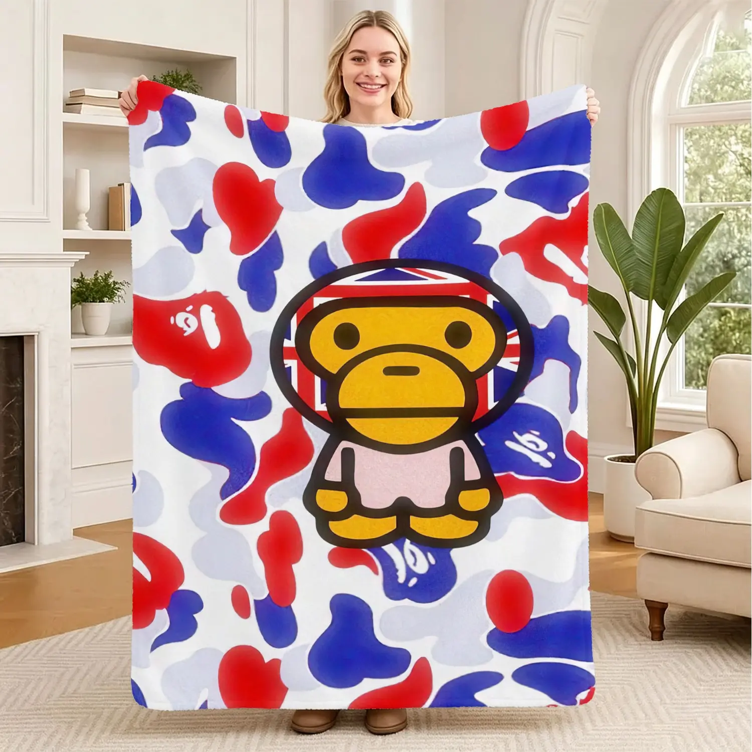 Camo Monkey Print Throw Blanket, Soft Flannel Decorative Blanket, Trendy Streetwear Plush Blanket for Sofa, Bed, Couch & Indoor Use, All Season Warm Blanket, Perfect for Home Decor