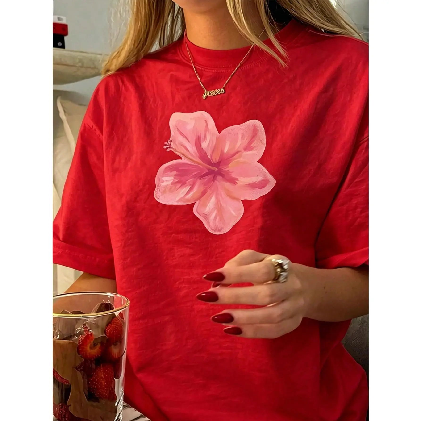 Women's 100% Cotton Retro Floral Print Short Sleeve Round Neck T-Shirt Soft Pink Hawaiian Cut Lightweight Breathable Top For Beach Office Daily All