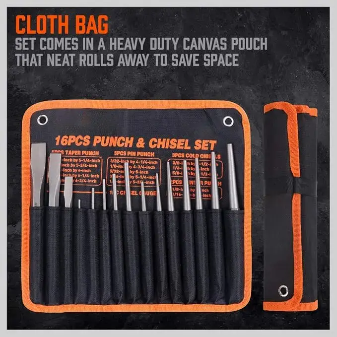 16-Piece Punch and Chisel Set, Including Taper Punch, Cold Chisels, Pin Punch, Center Punch tool  kit
