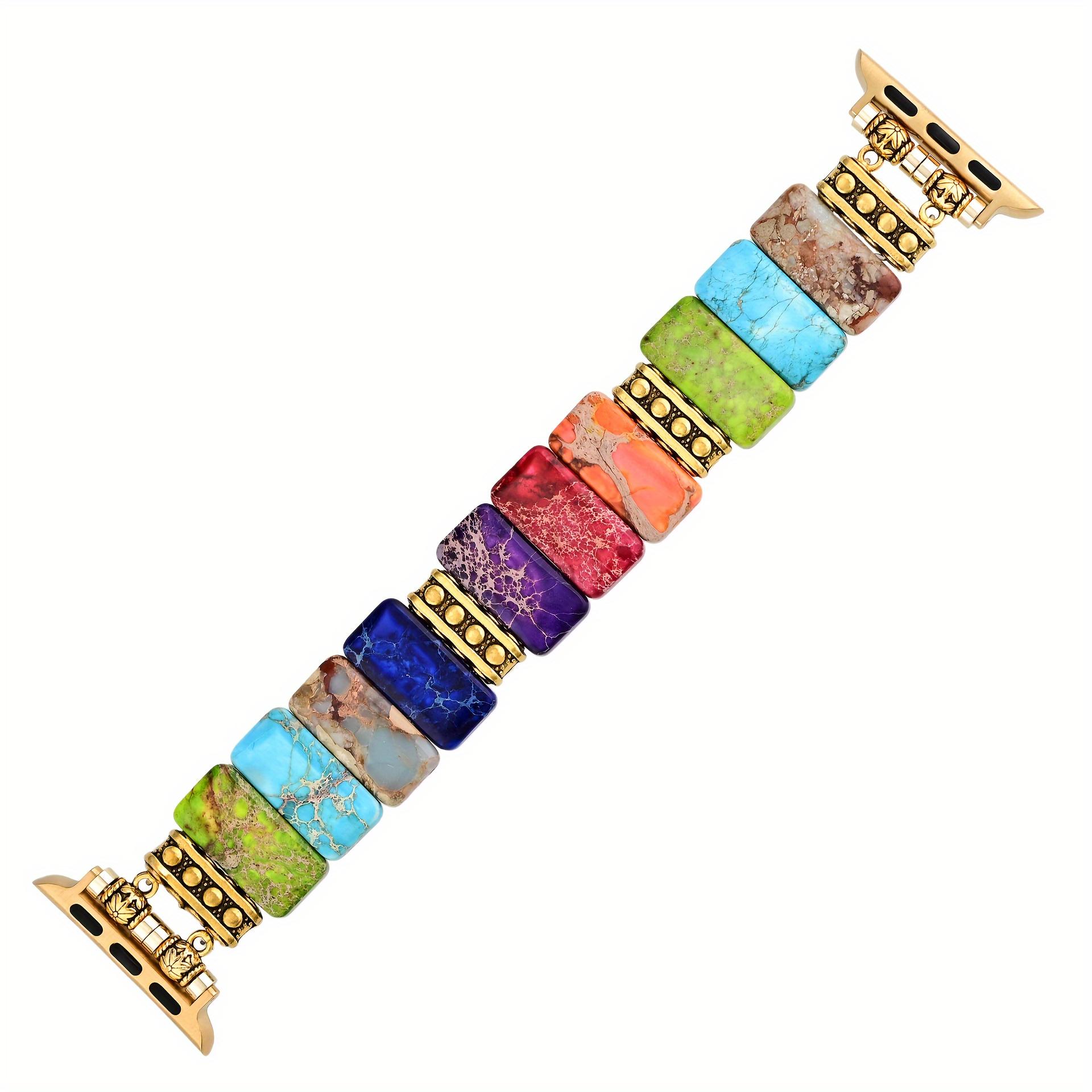 Colorful Natural Stone Beaded Apple Watch Band, Handmade Elastic Stretch Strap Compatible with iWatch Series 9/8/7/6/5/4/3/2/1 38mm-49mm, Cute Feminine Watch Band for Women