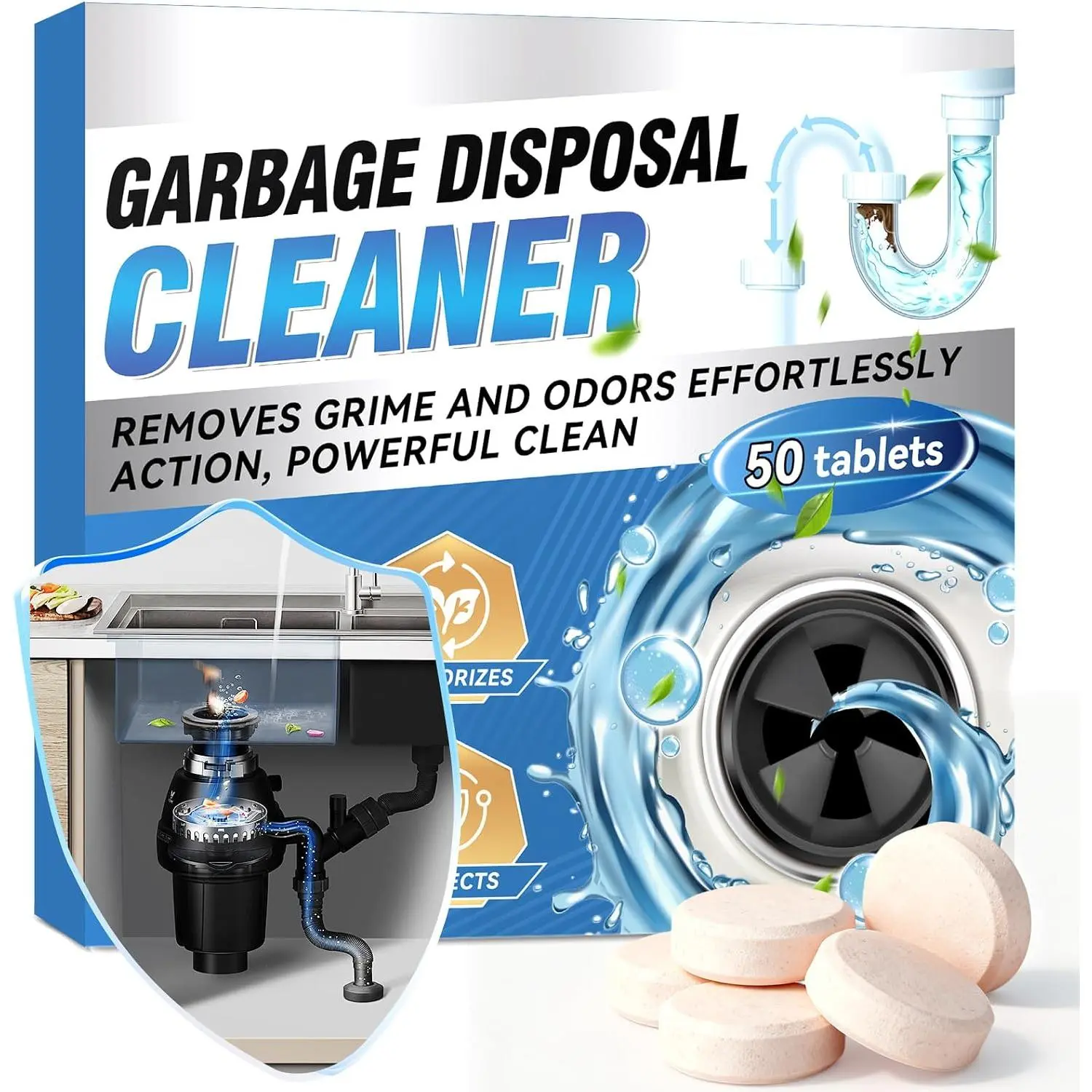 Garbage Disposal Cleaner and Deodorizer 50 Packs, 1 Year  Garbage Disposal Cleaner Tablets for Kitchen Sink & Drain Clean,  Cleaning Essentials (,50packs)
