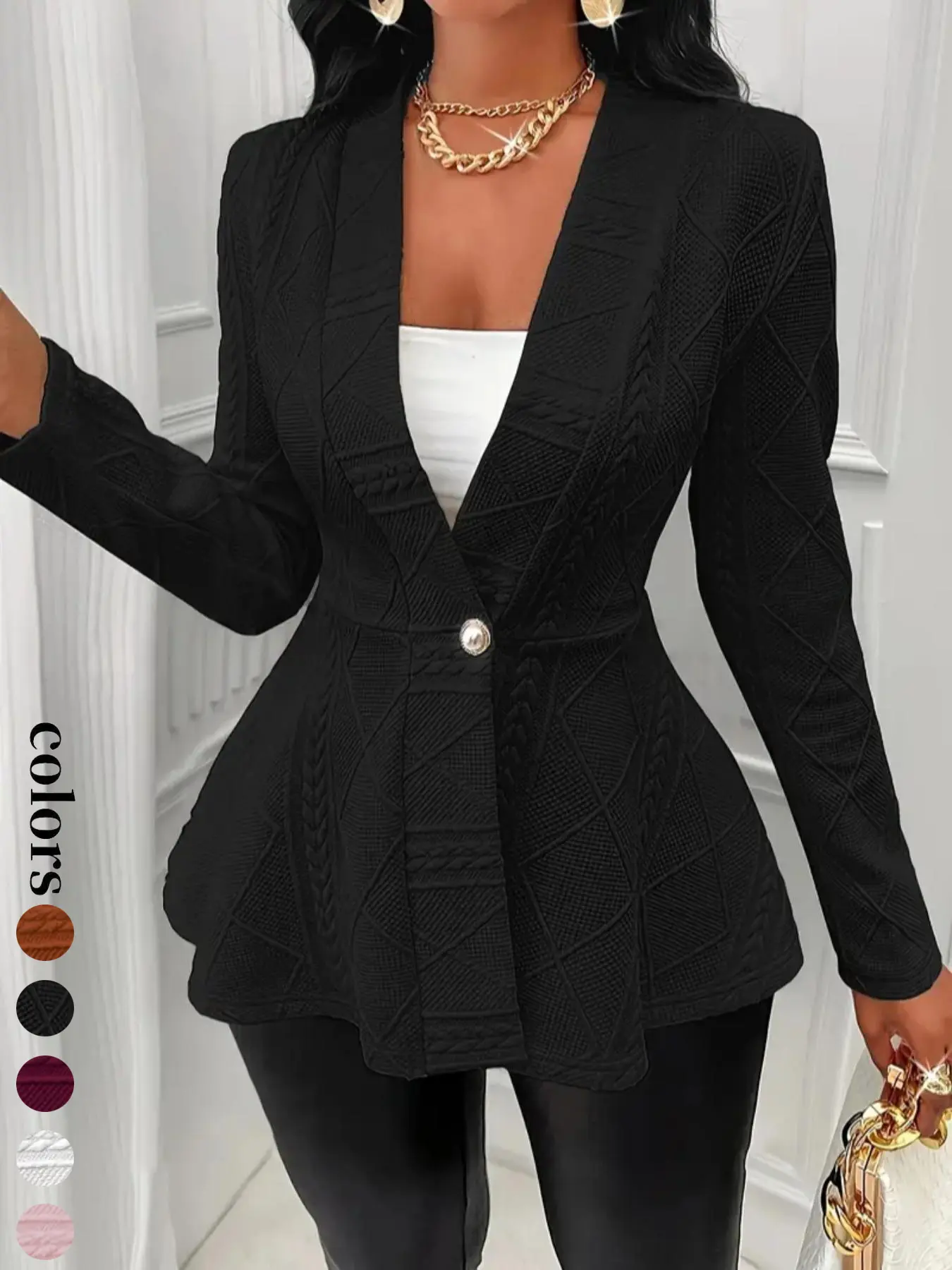 Women's Textured Knit Button Front Blazer, Elegant Chic Long Sleeve Slim Fit Outerwear for Fall & Winter, Ladies Clothes for Work Office Business