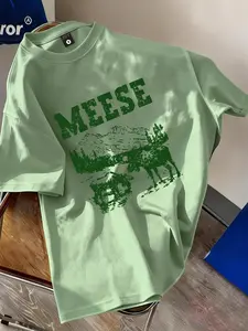 "meese" Vintage Moose Forest Print T-Shirt, Unisex Oversized Loose Fit, Casual Summer Streetwear, Long Fitted Random Pattern Tee