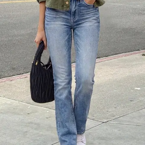 Women's Casual High-Waisted Flare-Leg Jeans, Vintage Washed Denim Pants