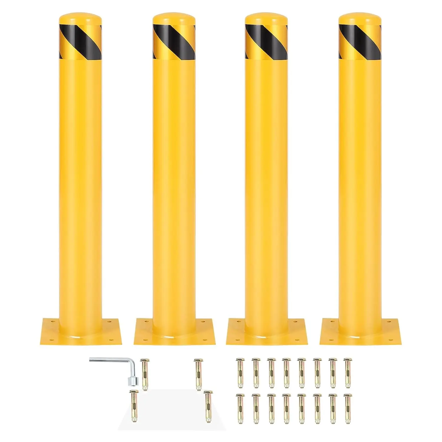 Safety Bollard Post, 36/42/48 Inch Height Steel Safety Bollard |4.5 Inch Diameter, Yellow with 16 Anchor Bolts | 4 Pack, Perfect for Warehouse, Traffic-Sensitive Area