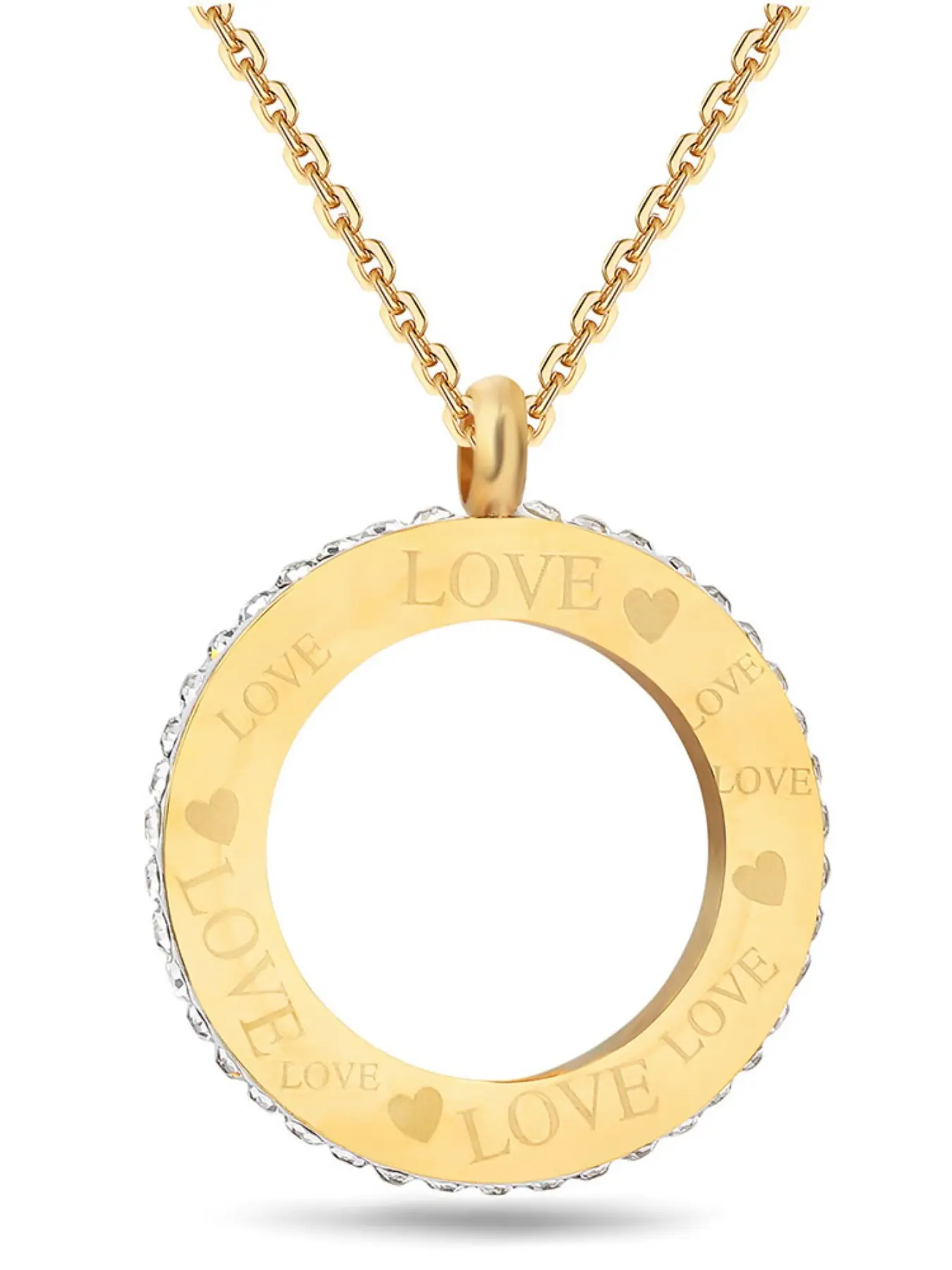 38mm New Fashion Round Engraved Love Rhinestone Necklace, Elegant Czech Crystal Pendant, Perfect Valentine's Day Gift