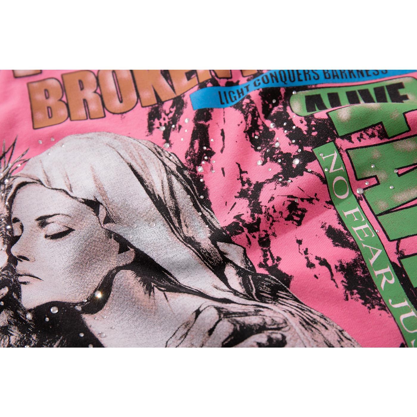 MAJESTIK New American High-Street Streetwear, Vintage Washed Distressed Frayed Edges, Heavy Rhinestone Inlay, Jesus & Virgin Mary Graphic Print, Black Y2K Hip Hop Crew Neck Short Sleeve Cotton T-Shirt Tops