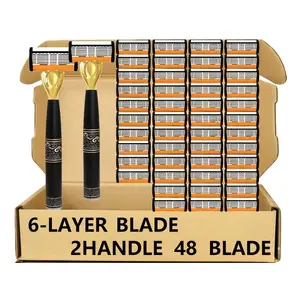 Men's 6-Blade Safety Razor Set - Includes 2 Handles & 48 Replacement Cartridges.Dermatologically gentle on sensitive skin, pairs well with shaving cream for a smooth, effortlessshave on thick, coarse beards.