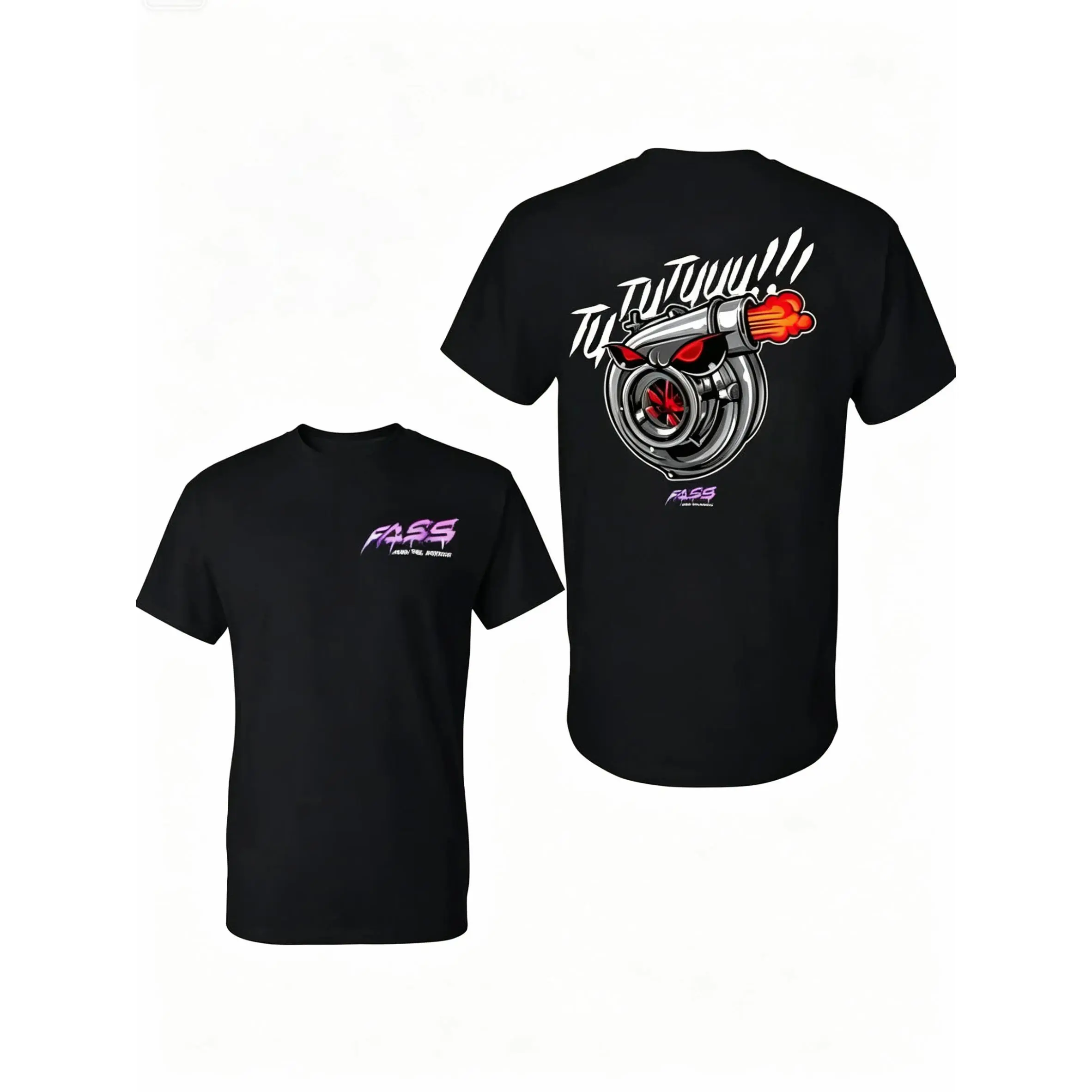 FASS Turbo T-Shirt, Evil Turbo with Flames and Boost Text 2 Sides Graphic Tee, Soft Cotton Shirt, Streetwear Automotive Apparel for Men and Women, Gift for Diesel and Car Enthusiasts