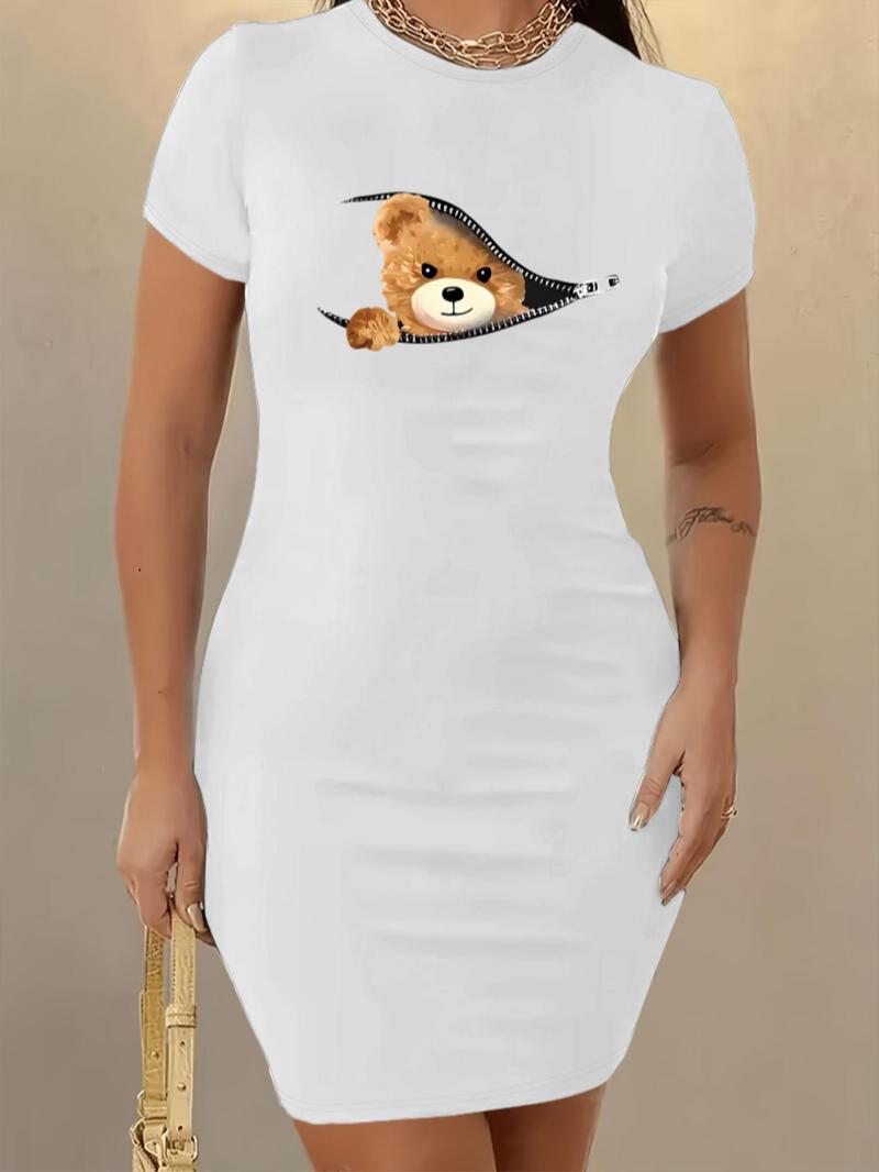 Women's Cartoon Bear Print Round Neck Bodycon Dress, Cute Casual Short Sleeve Dress for Daily Outdoor Wear, Ladies Clothes for All Seasons