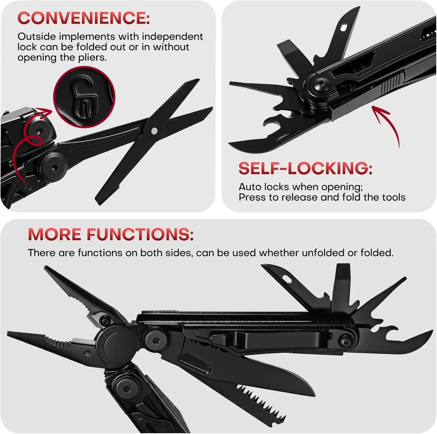 Multitool with Pocket Knife, 27-in-1 Stainless Steel Needle Nose Pliers with Screwdrivers, Self-locking Multi tool EDC Gear with Sheath, Gift for Christmas,New Year