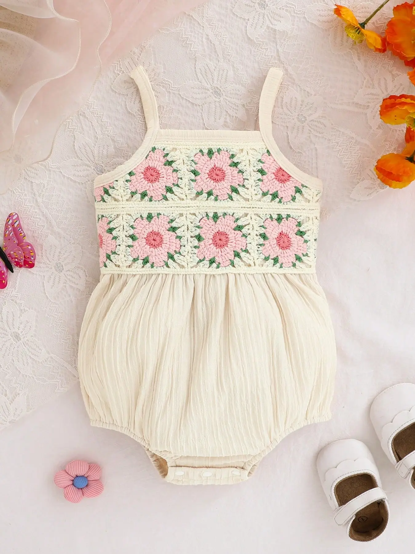 Summer New Baby Girl Knit Floral Toddler Romper, Sweet and Cute, Perfect for Birthday Gifts, Daily Outdoor Wear, Infant Clothing, Baby Girl Clothes, Romper Bodysuit