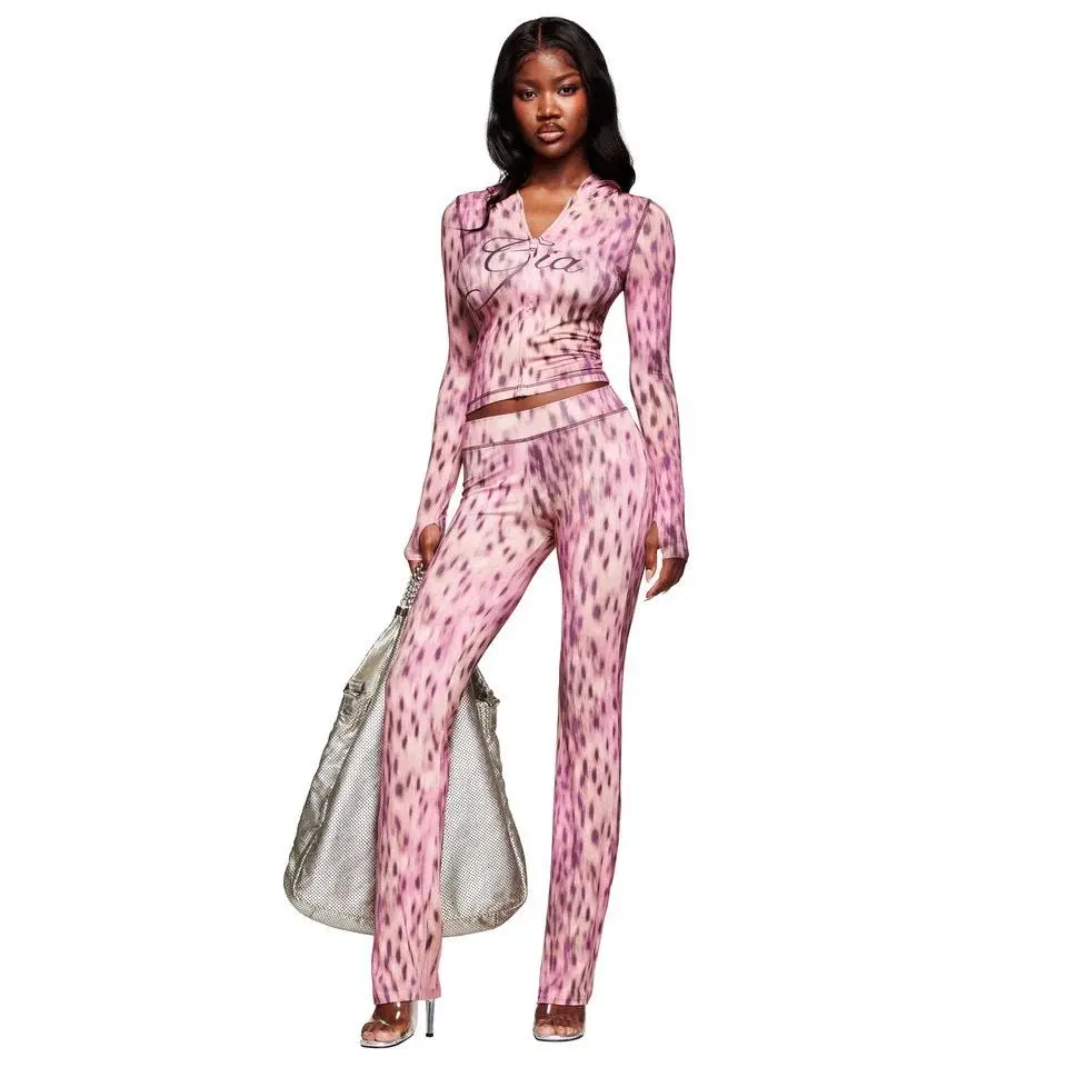 Women Leopard Print 2 Piece Outfit Zip Up Long Sleeve Top & Flare Pants Set Streetwear Casual Matching Tracksuit