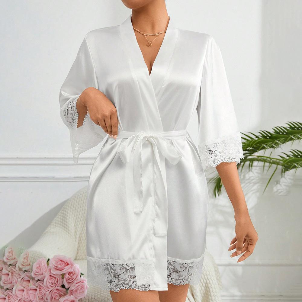 2025 New Ladies Elegant Satin Robe Lace Trim Kimono Short Sleepwear Nightgown V Neck Belted Bridal Loungewear Bridesmaid Gift