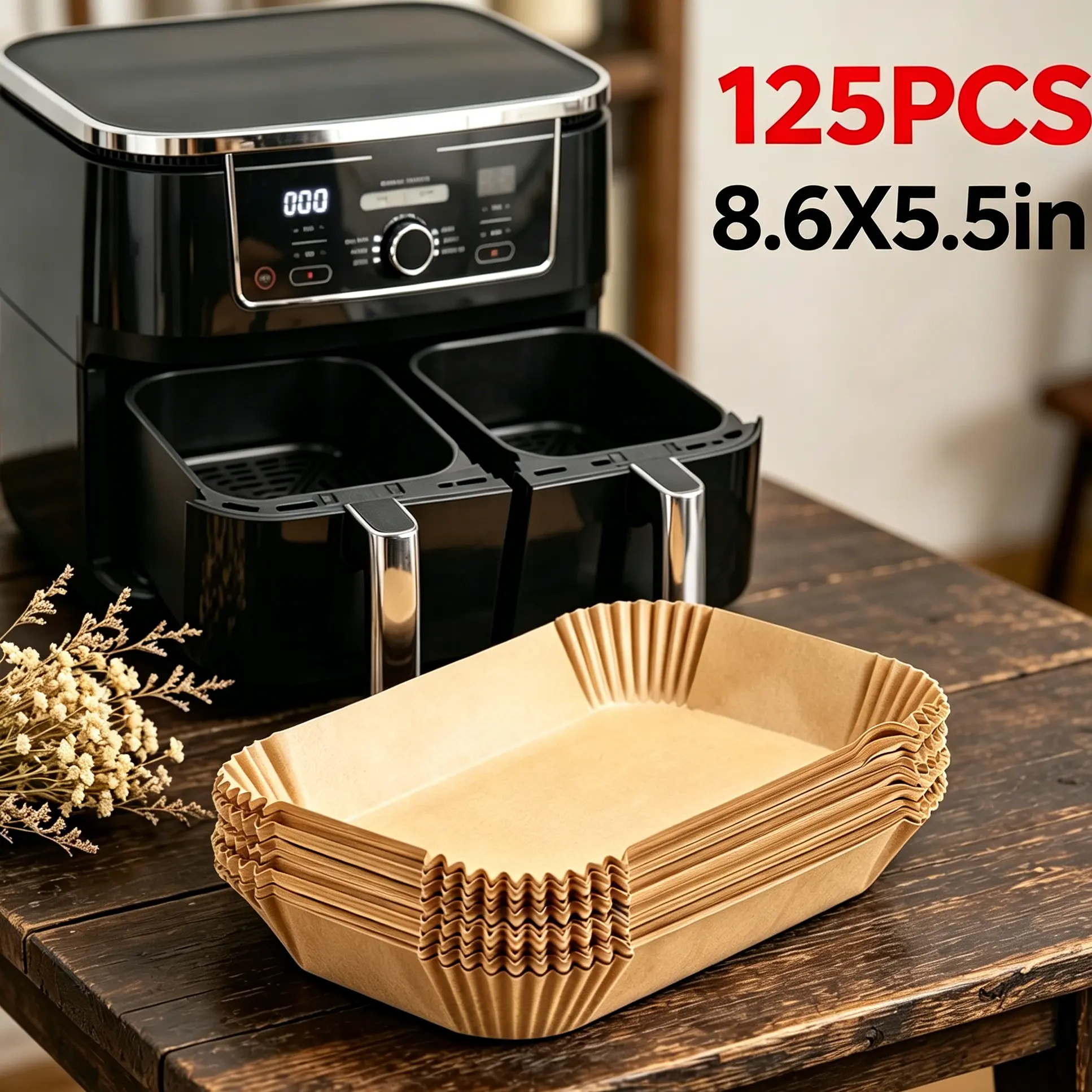125 Pieces Rectangular Air Fryer Parchment Liners, Heavy-Duty Nonstick Unbleached Baking Paper Sheets, Greaseproof Waterproof Mats for Dual Zone Oven/Air Fryer, Food-Grade Heat-Resistant Kitchen Essentials