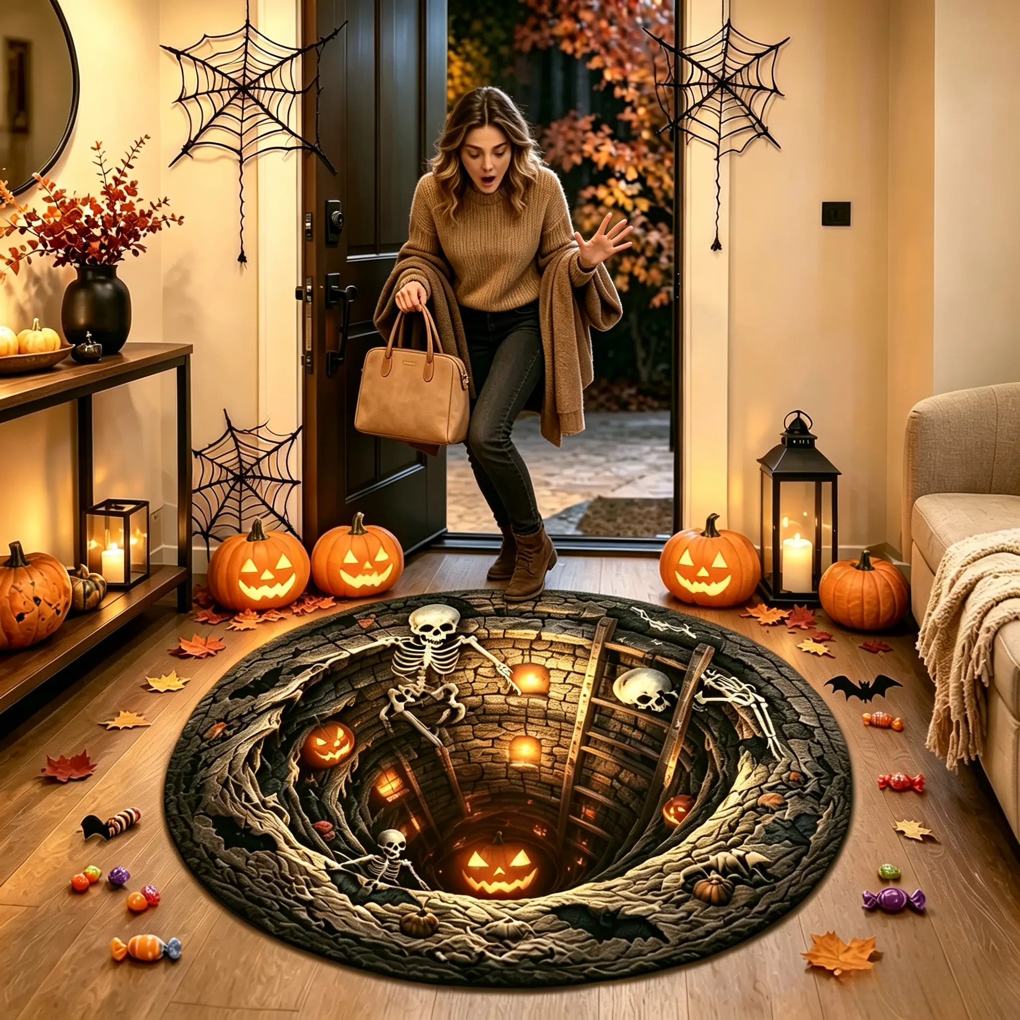 31.5in / 80cm Polyester Fiber 3D Illusion Halloween Round Single Mat, Funny Non-Slip Backing Soft Visual Effect Door Mat for Living Room Indoor Decor Soft non-slip fabric indoor round decor.Perfect for living ro,Luxurious,Folding,Artificial,Christmas,Tree