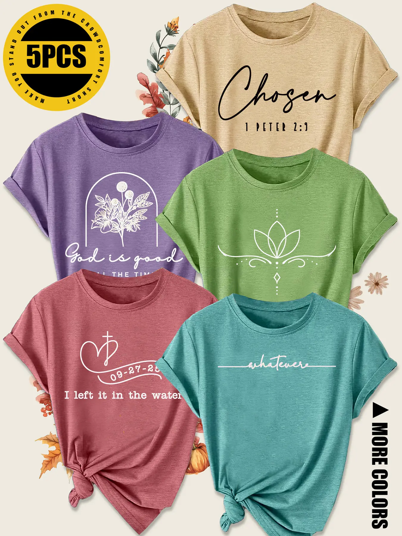 5Pcs Plus Size Women Crew Neck T-Shirt, Elegant Scripture Floral Faith Print, Multi-color Washable Spring Summer Top, Soft Skin-friendly Fabric Daily Versatile Fashion Design