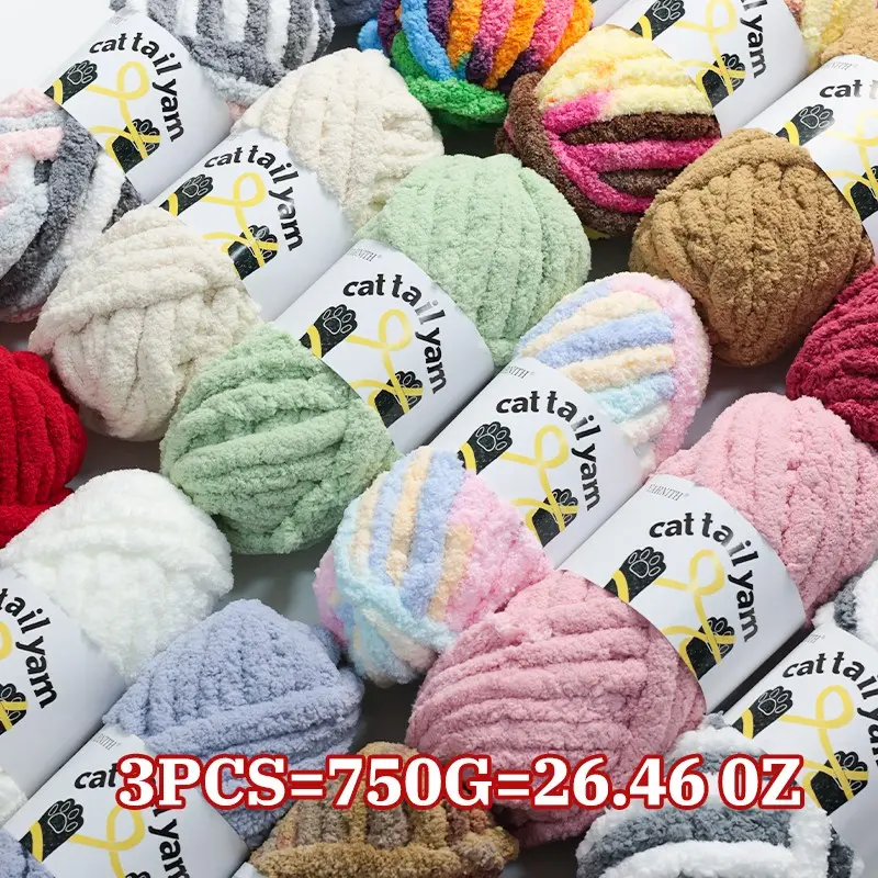British Brand Yarnith Cat Tail Yarn, Large Capacity 3pcs=750g, Dyed and Solid Yarn, Cozy and Easy to Use, Ideal for DIY Crafts