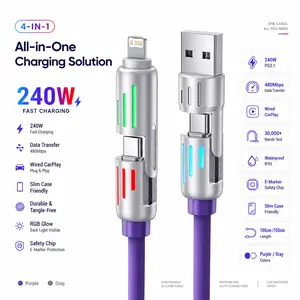 Rgb4-In-1 Fast Charging Cellphone Cable, 240w, 1.5m, 2-To-2 Design, USB PD to Type-C Lightning, Quick Charge Data Cable