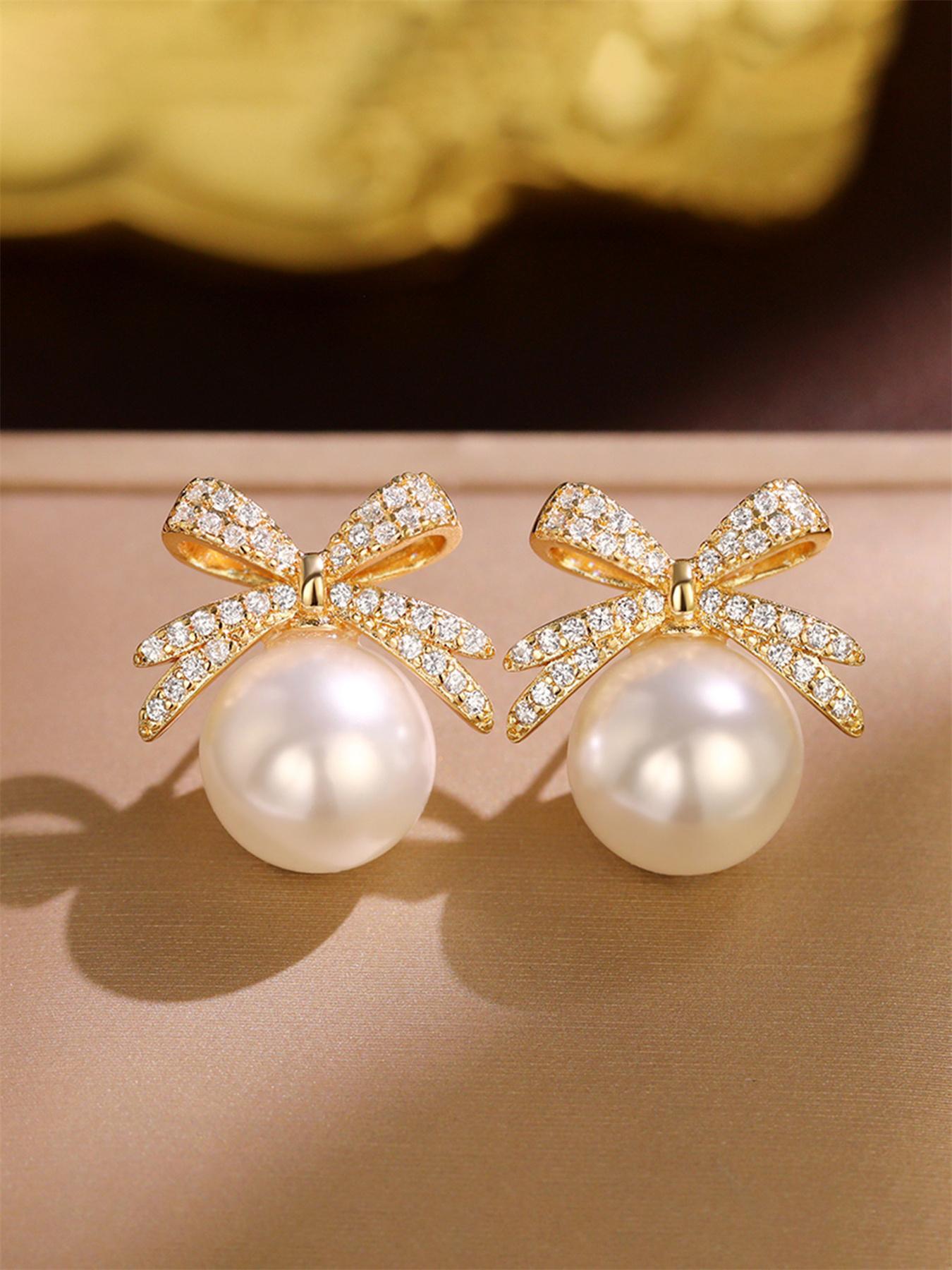Summer Faux Pearl & Rhinestone Decor Bow Design Dangle High Quality Earrings, Elegant Jewelry for Women for Party, Daily Clothing Decor, Trendy Jewelry As Gift