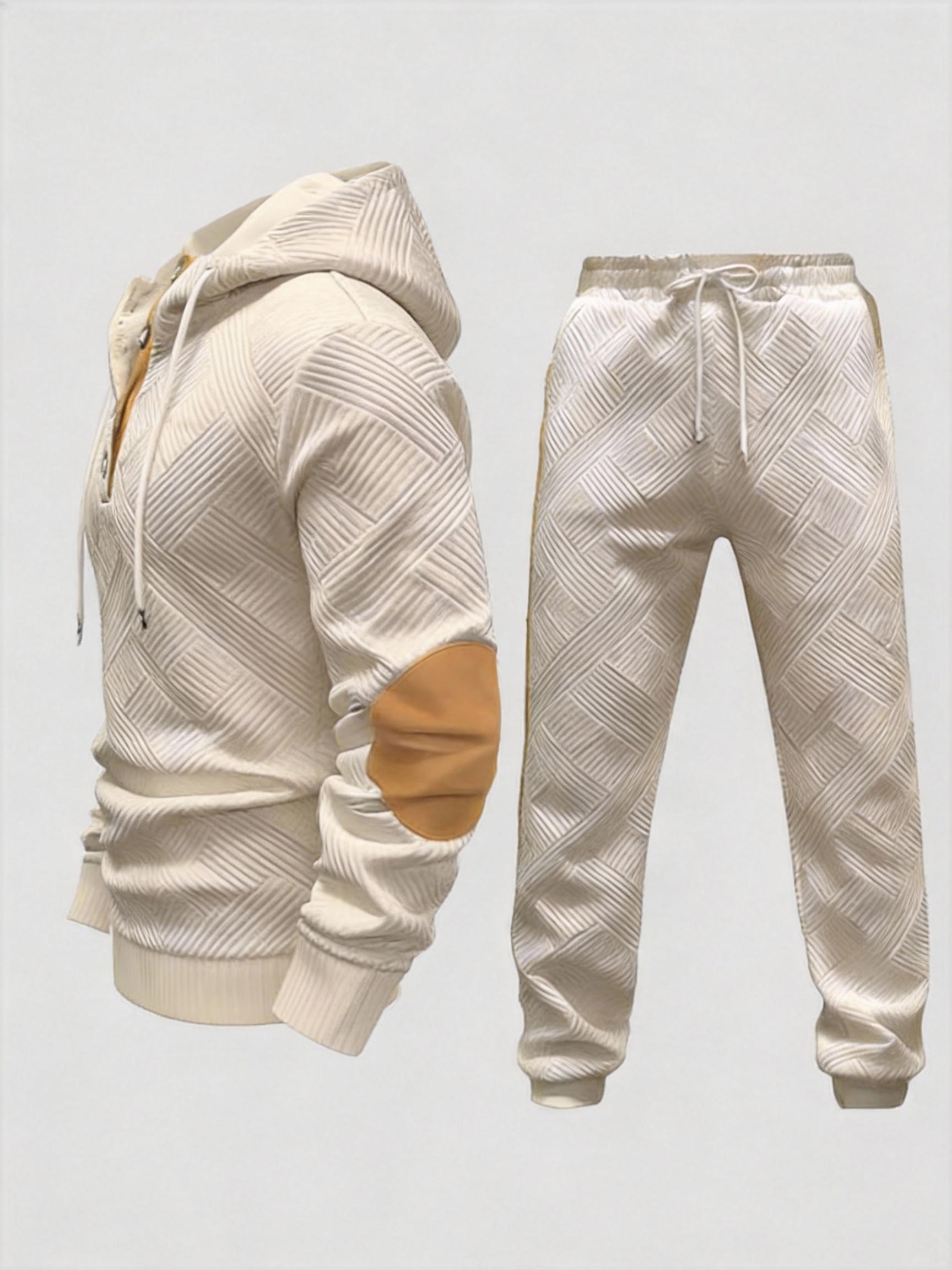 Men's 2-Piece Beige Tracksuit (Hoodie & Joggers) - Diamond Texture, Half-Button Placket (Brown Accent), Casual Stylish Outfit