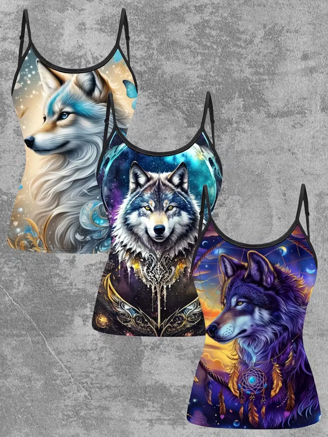 3 Piece Set Vintage Wolf Head Print Thin Strap Tank Tops, Ethnic Style Starry Dreamcatcher Slim Fit Short Inner Top, Fashionable Ladies' Clothing