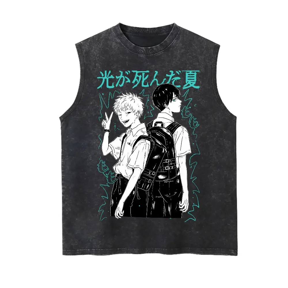 Unisex Black‑and‑white two‑person manga of Hikaru ga shinda natsu Graphic Washed Vest Personalized Pattern Y2k Clothing Round Neck Washed Vest,Women's Clothing 100% Cotton, Menswear, Top, Vintage Style,Summer Casual Oversized