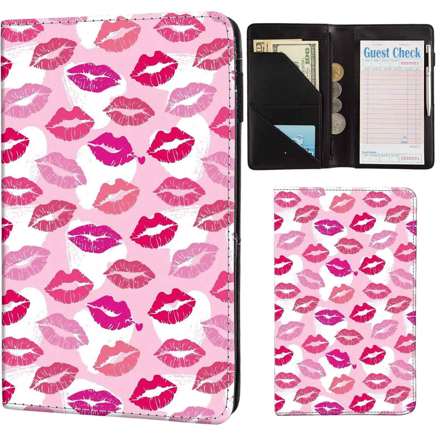 Server Book Cute Waitress Book With  Pocket and Zipper Serving Book Restaurant Guest  Check Bill Receipt Holder Fit Server Apron ( Lip Print)