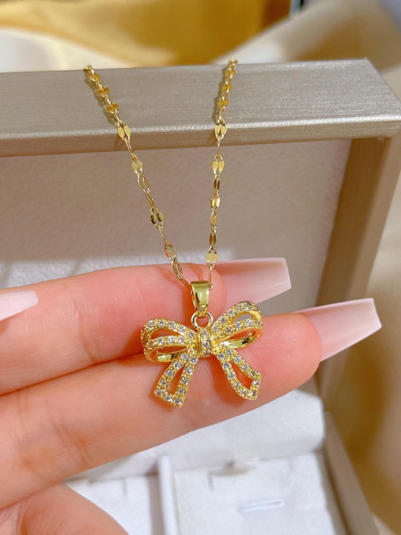 Elegant Rhinestone Bow Decor Pendant Necklace for Women for Gift, Jewelry Gifts, 2024 Trendy Stainless Steel Matching Jewelry, Luxury Shiny Dainty Accessory, Statement Necklace
