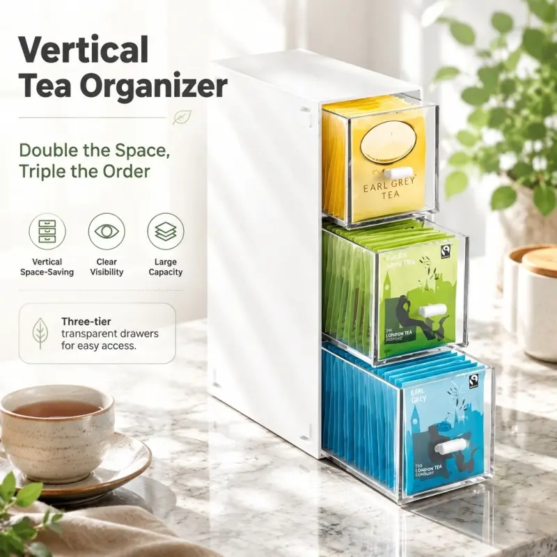 Vertical 3 Tier Tea Bag Storage Organizer With Transparent Drawers Space Saving Large Capacity Clear Visibility Tea Packet Storage Caddy For Kitchen Countertop