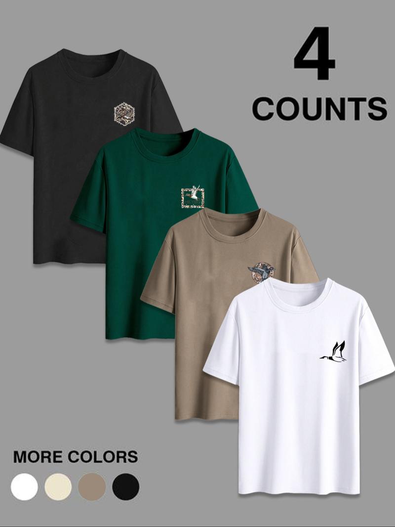 Men's Duck & Letter Print Round Neck Tee, Regular Fit Casual Short Sleeve T-shirt for Summer, Men's Top for Daily Wear, Casual Stylish Tee, Tropical