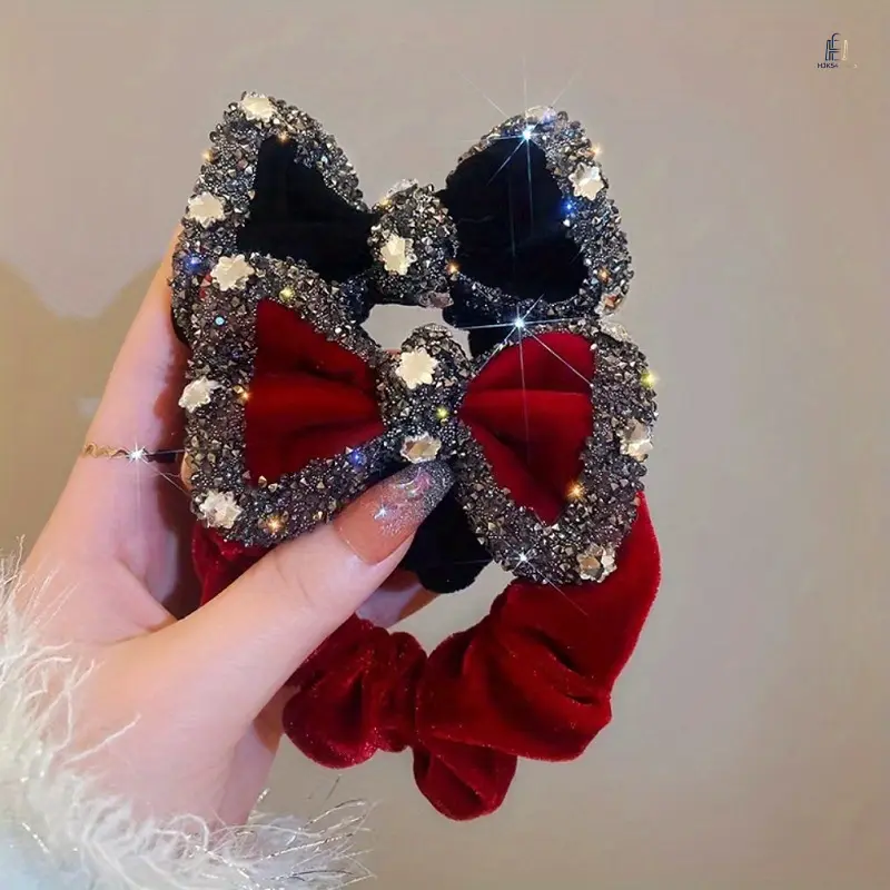 1 Pack Sparkly Inlaid Adjustable Velvet Bow Hair Tie, Luxury Fashion Ponytail Hair Scrunchie for Women, Decorative Hair Accessory for Daily Outings, Holiday & Carnival Gift