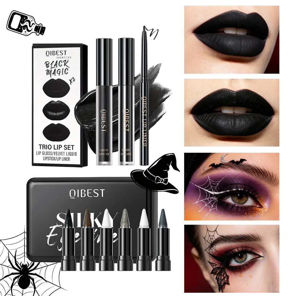 Matte black lip gloss+eyeliner pen set, lasting makeup, easy to apply, Halloween makeup set